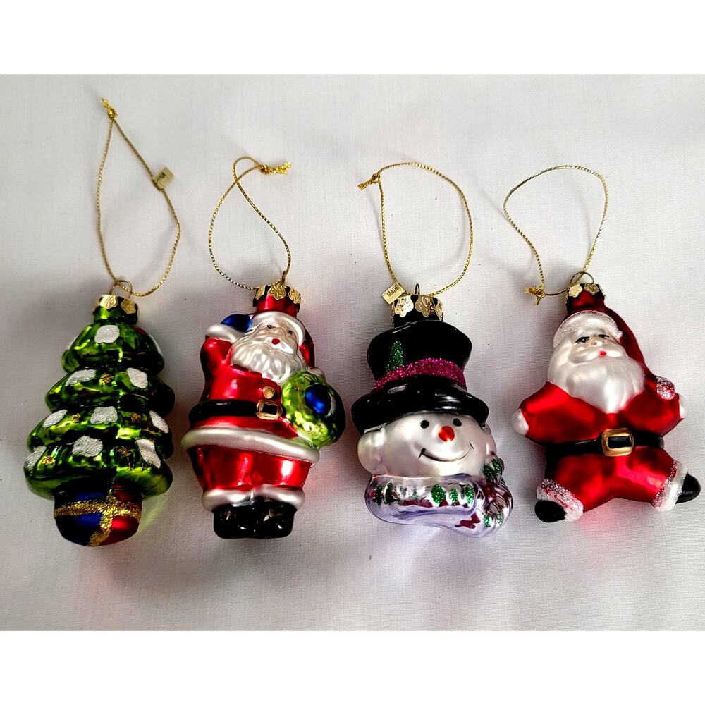 4 Vintage Festive Mercury Glass Like Ornaments Snowman 2 Santas Christmas Tree